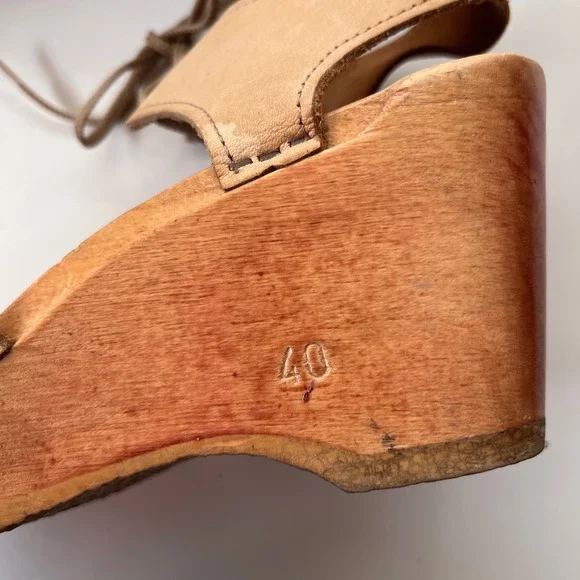 No. 6 Clogs Tan Leather Wooden Platform Wedge Sandals Lace Up Peep Toe Size 40 - Picture 10 of 10